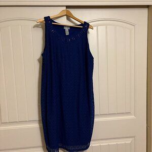 Catherine's Lace Sun Dress 2X 22/24W Beaded Neckline Sleeveless Lined Royal Blue